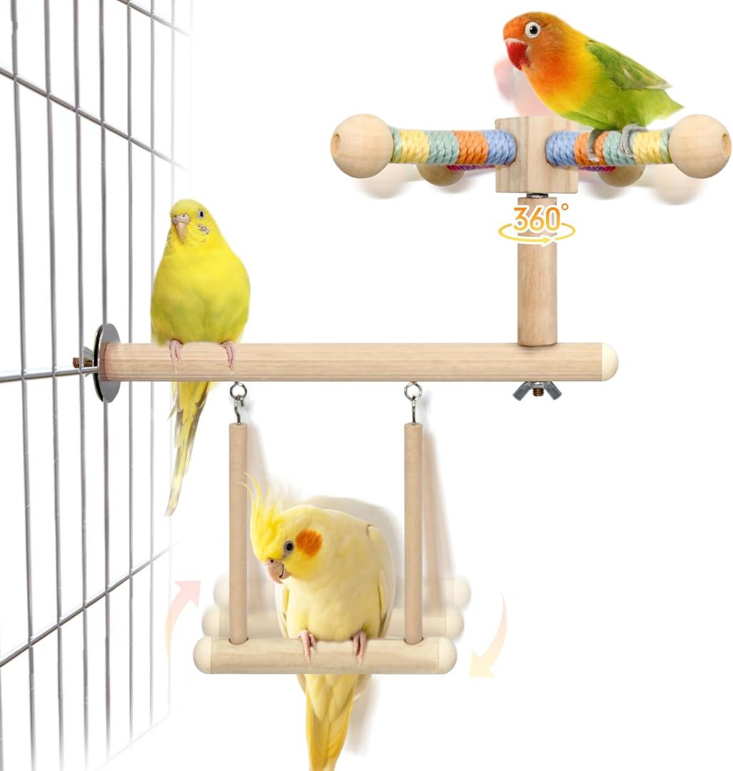 Bird Perch & Swing Toy Combo, Bird Toys for Parrots with 360 Spin Function, Hanging Parakeet Swing Birds Cage Accessories Toys, Multi-functional Wooden Birds Activity Gym for Cockatiel Lovebird