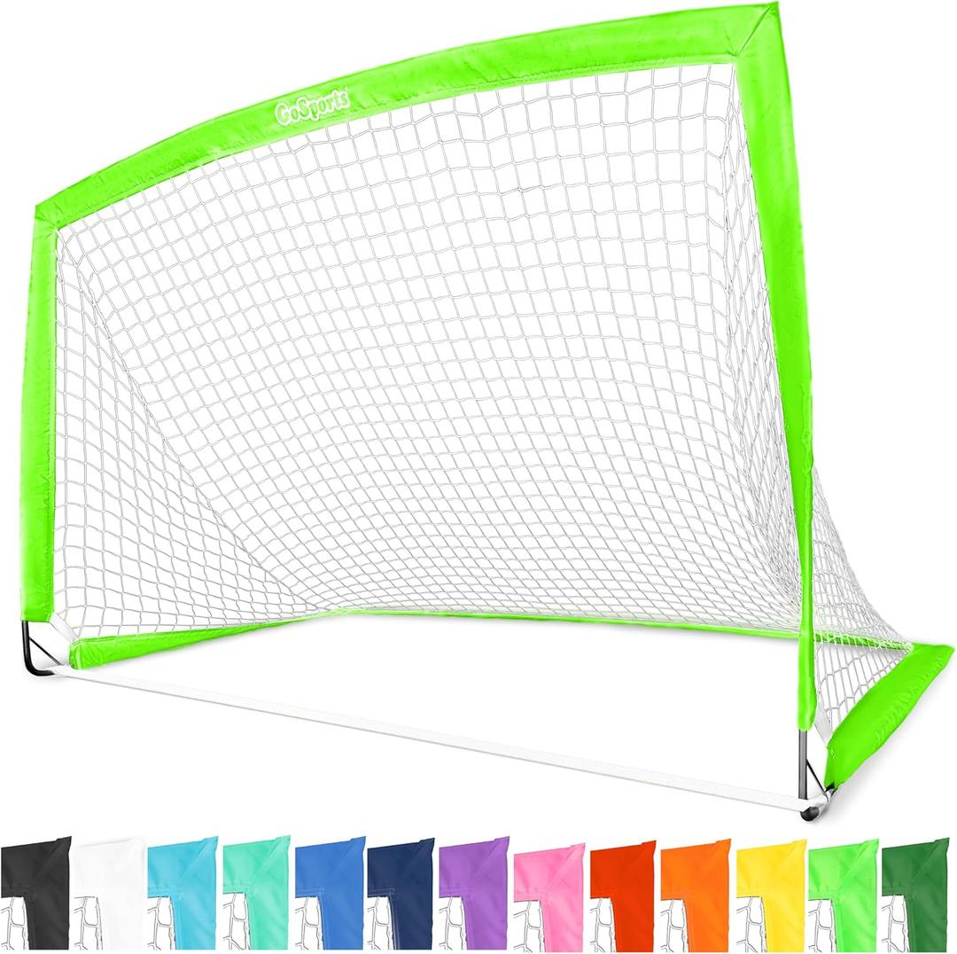 GoSports Portable Soccer Goals for Kids - 13 Color Options - Choose 4 x 3 ft or 6 x 4 ft - Team Tone Pop Up Nets for Backyard (Bright Green)