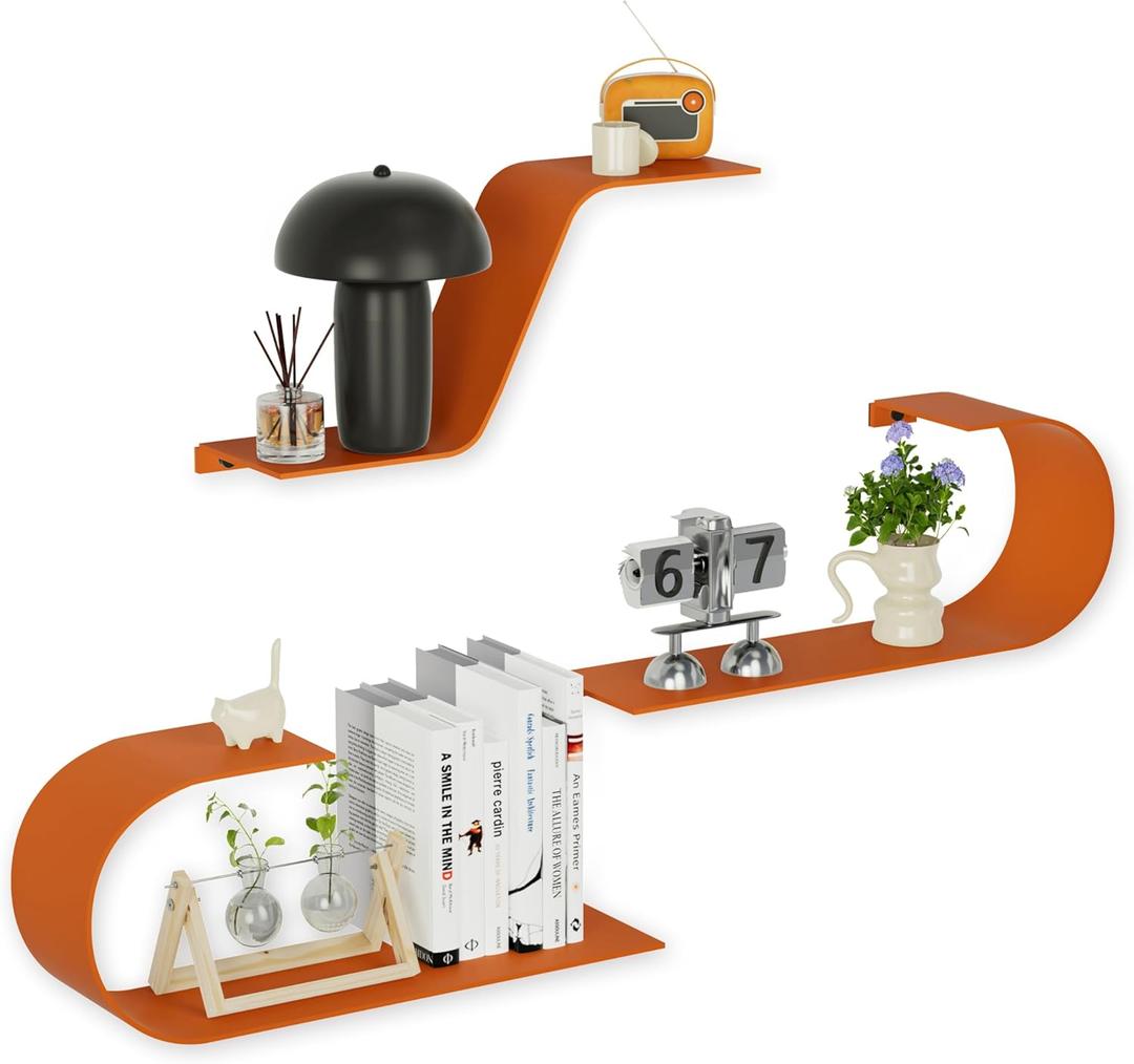 Orange Floating Shelves Set of 3, Orange Metal Decor, Unique Mounted Floating Shelf, Modern Long Wall Shelf, Large Wall Shelves for Bedroom, Bathroom, Living Room