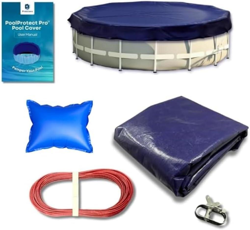 Winter Pool Cover Bundle 12 ft Round for Above Ground + Pillow | 10% Thicker | Ultra Thick Pool Cover | PoolProtect Pro Premium Cold- and UV-Resistant | Protectera (Blue, 12ft + 4x4 Pillow)