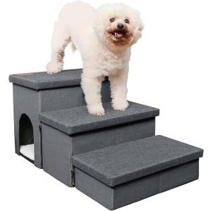 Dog Stairs for High Beds, Folding Pet Steps for Small Dogs and Cats with Storage and Condo, Non-Slip Dog Steps for Couch and Bed up to 22 inches(3 Steps, Dark Grey)