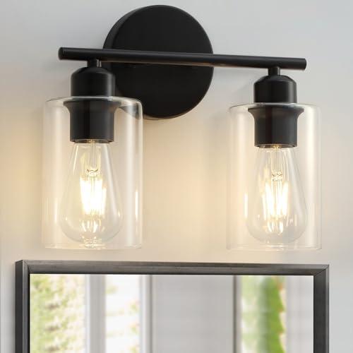 SEABLE 2-Light Bathroom Light Fixtures, Matte Black Bathroom Vanity Lights, Bathroom Lighting Fixtures Over Mirror with Clear Glass Shade, Wall Sconce Light for Bedroom, Living Room and Hallway