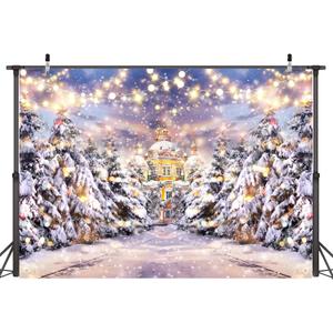 10x6 FT Snow Scene Christmas Pine Tree Shining Stars Photography Background Fuzzy House Winter Wonderland Forest Background for Family Festival Decorations Photo Studio Props (Golden-Castle)