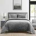 Sunshine Nicole Embroidery Quilt Set with Metallic Silver Thread, Distressed Velvet Face and Brushed Solid Microfiber Reverse, with Light Weight Soft Poly Fill, 3 Pieces Grey Silver, King