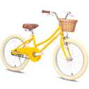Petimini 20 Inch Girls Bike for Age 6 7 8 9 Years Old Big Kids Retro Vintage Style Bicycles with Basket Training Wheels and Bell, Yellow