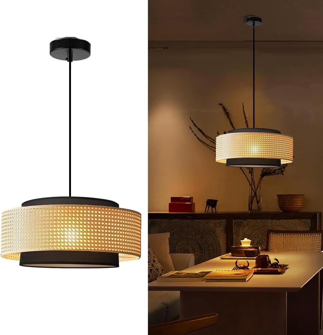 Rattan Pendant Lights Bamboo Light Fixture Boho Pendant Light Wicker Hanging Light Fixture Woven Basket Shade Farmhouse Rattan Chandelier for Kitchen Living Room Dining Room Bedroom