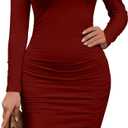 Kaximil Women's Sexy Bodycon Ruched Long Sleeve Basic Midi Club Party Pencil Dresses (Medium, Wine Red)