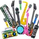 12 Pieces Inflatable Instruments Party Props Rock Star Toy Set Blow Up Guitars Inflatable Saxophone Bass Lute Microphones Mobile Phone Recorder Piano for 80s 90s Themed Party Photo Booth Decorations
