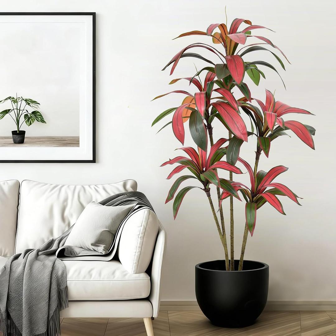 Artificial Dracaena Tree 5FT - Large Faux Plant Indoor Tree with 78 Red Leaves & 5 Heads, 60" Tall Fake Tropical Plant Potted Artificial Floor Plant Trees for Home Living Room Porch Office Decor