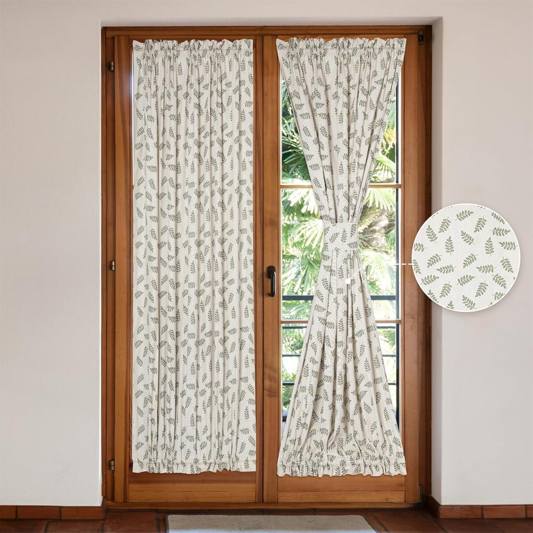 Linen French Door Curtains Set of 2, Elegant Country Style Olive Leaf Front Door Curtain Dual Rod Pocket Tiebacks Included, 54" W x 72" L