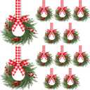 12 Pcs 9'' Small Christmas Kitchen Cabinet Wreaths with Plaid Bow Ribbon Mini Hanging Christmas Wreath Artificial Greenery Wreath for Front Door Porch Wall Window(Red White Buffalo Plaid)