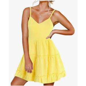 FANCYINN Women's Dresses with V-Neck and Spaghetti Straps Backless Sleeveless Floral Dress Ruffle Loose Swing Casual Dress, XS