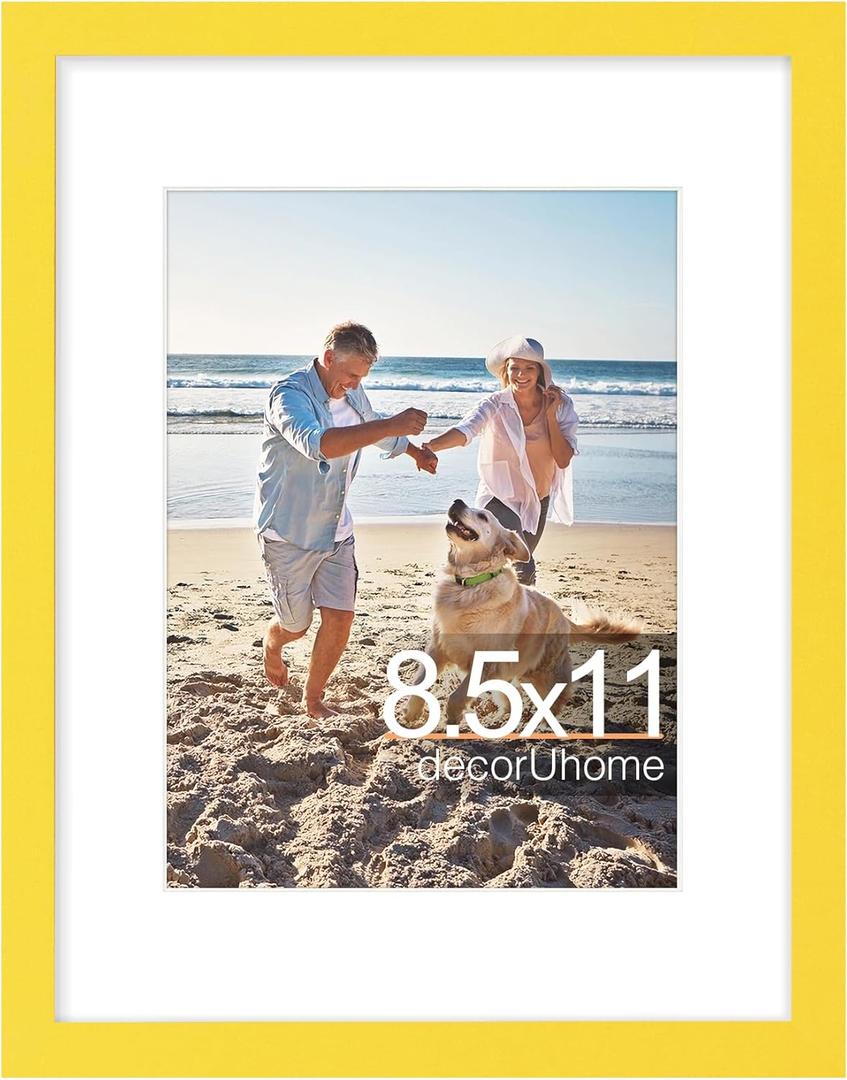 DecorUhome 8.5 by 11 Picture Frame, Display Pictures 6x8 with Mat or 8.5x11 without Mat, Wall & Tabletop Display Certificate Frame, Yellow, 1 Pack