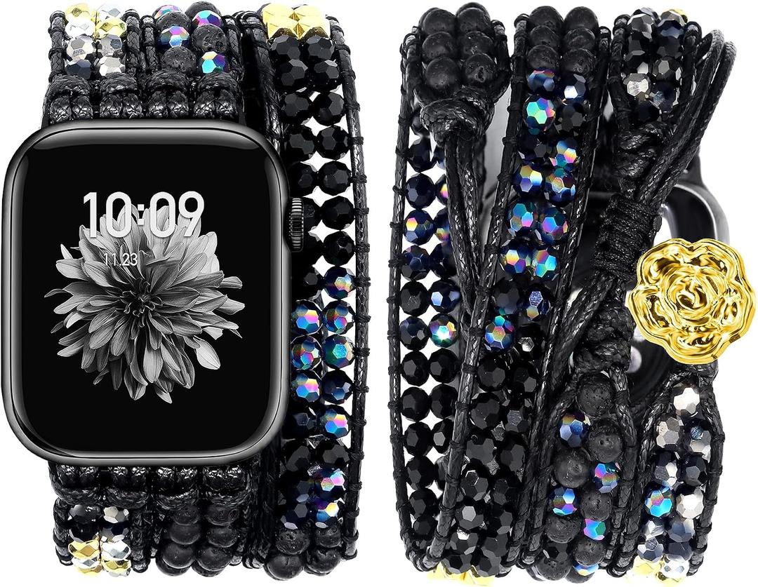 JR.DM Boho Beaded Band Women Compatible with Apple Watch 38mm 40mm 41mm 42mm (S10/11) Black Volcanic Rock Stone Bracelets Adjustable Handmade Braided Strap for iWatch Series 11/10