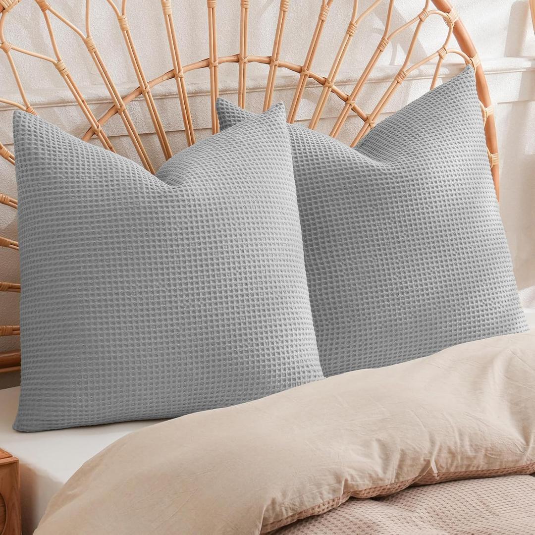 PHF 100% Cotton Waffle Weave Euro Shams 26" x 26", No Filling, 2 Pack Elegant Home Decorative Euro Throw Pillow Covers for Bed Couch Sofa, Light Grey