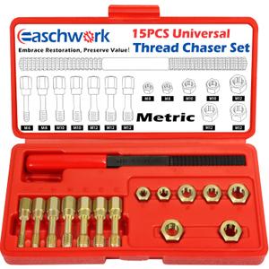 Easchwork 15 Piece Metric Thread Chaser Set Master Thread Rethreading Kit Universal M6 M8 M10 M12 Sizes Thread Restorer with Case