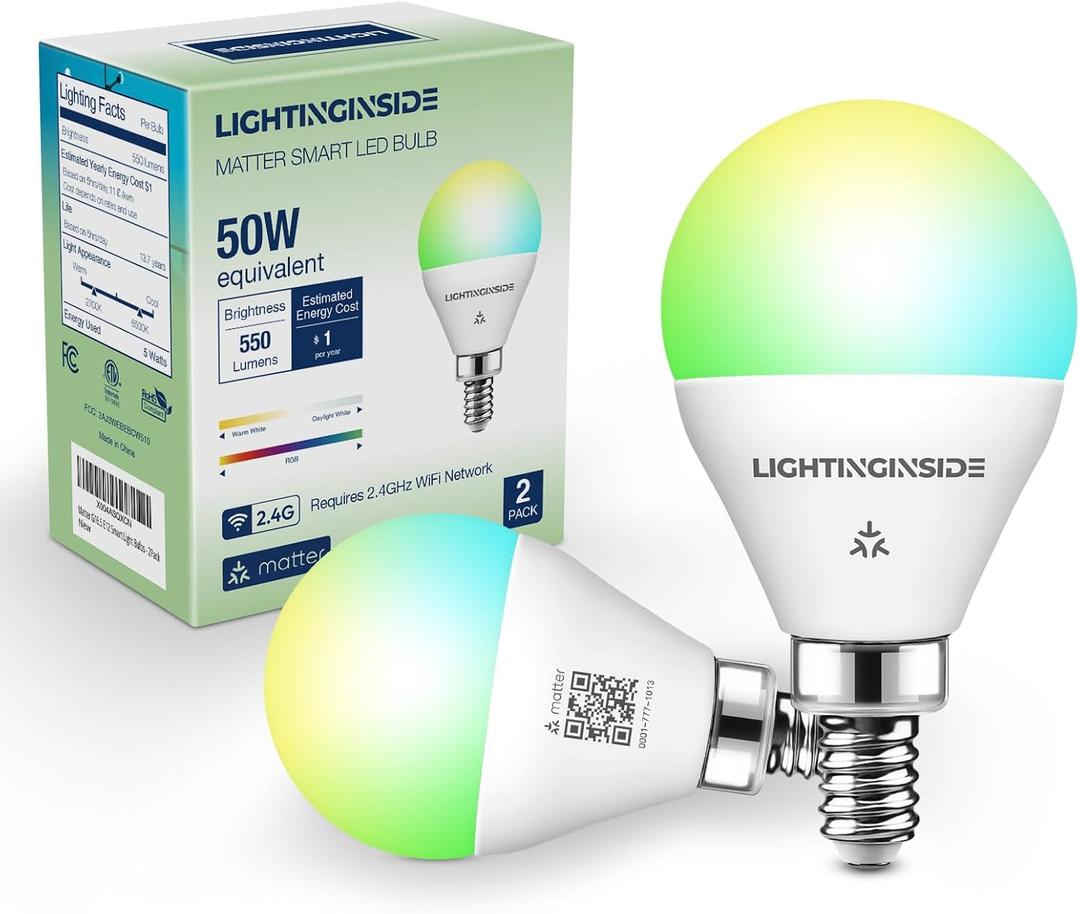 Lightinginside Matter E12 Smart Light Bulbs 50W Equivalent 5W 550LM, Compatible with Alexa/Siri/Apple Home/Google Home/SmartThings, G16.5 RGBCW Candelabra Ceiling Fan Bulb, 2.4G WiFi, ETL Listed, 2PCS