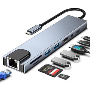 USB C Hub Ethernet HDMI Adapter, 8 in 1 Laptop Docking Station with 4K HDMI, RJ45 Ethernet 100Mbps, SD/TF Card Reader, USB 3.0/2.0, PD 100W, LAN USB C Dongle for MacBook Pro/Air, iPad Pro, XPS, etc