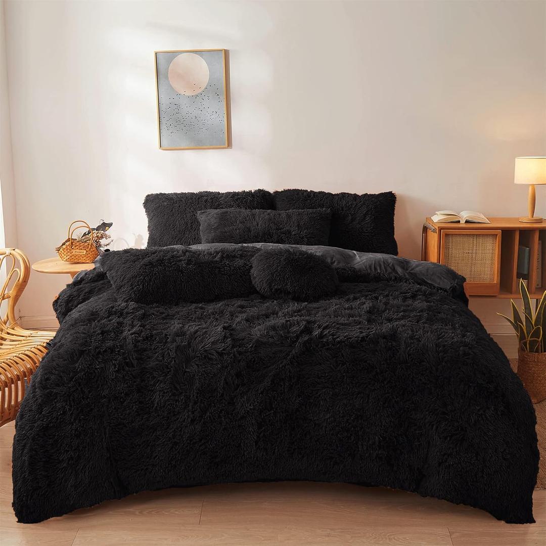 Black Fur Comforter Cover Set Queen - Ultra Soft Fluffy Plush Bedding Sets 3 Pieces (1 Faux Fur Duvet Cover + 2 Faux Fur Pillow case) Fluffy Bed Sets (Black, Queen)