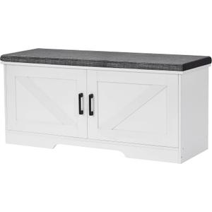 HOMSHO 2-Tier Storage Bench, 39.4" Wide Shoe Bench with Padded Seat Cushion, Entryway Bench with 2 Barn Doors and Adjustable Shelf, White