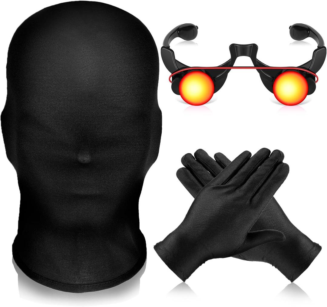3 Pcs Halloween Glowing Grim Reaper Costume Accessories Set Black Full Face Mask Spandex Gloves with Glowing Eyes Glasses for Halloween Adult Masquerade Cosplay