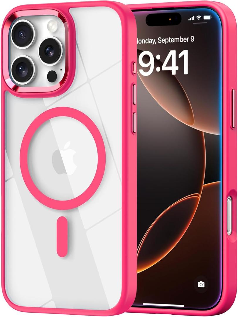 Magnetic for iPhone 16 Pro Max Case, [Compatible with MagSafe] [Military-Grade Protection] Clear Hard Back&Soft TPU Frame Shockproof Protective case for iPhone 16 Pro Max-6.9'' Hot Pink
