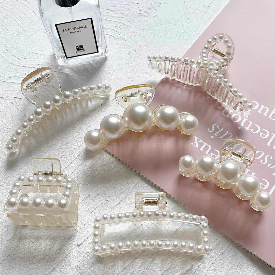 6 Pcs Pearl Hair Clips for Women Large Claw Clips for Thin Thick Hair White Hair Claw Clips for Wedding Gift Nonslip Hair Accessories for Women and Girls