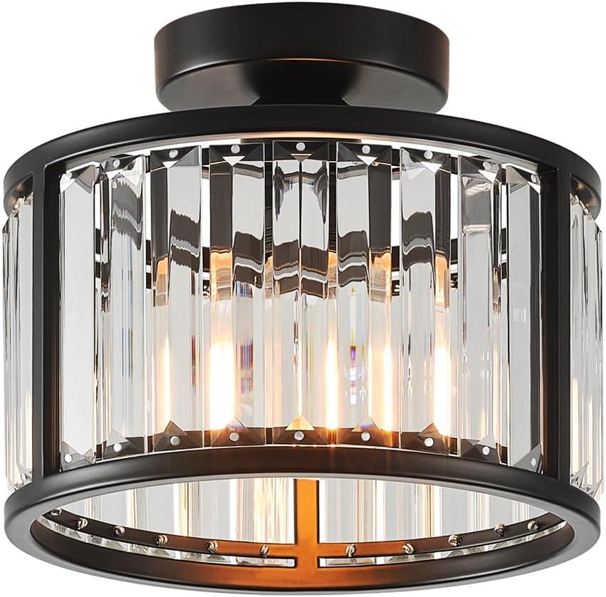 Black Flush Mount Ceiling Light, 2- Light Caged Crystal Chandelier, Small Drum Hallway Light fixtures Ceiling Mount (8.6 INCH Black)