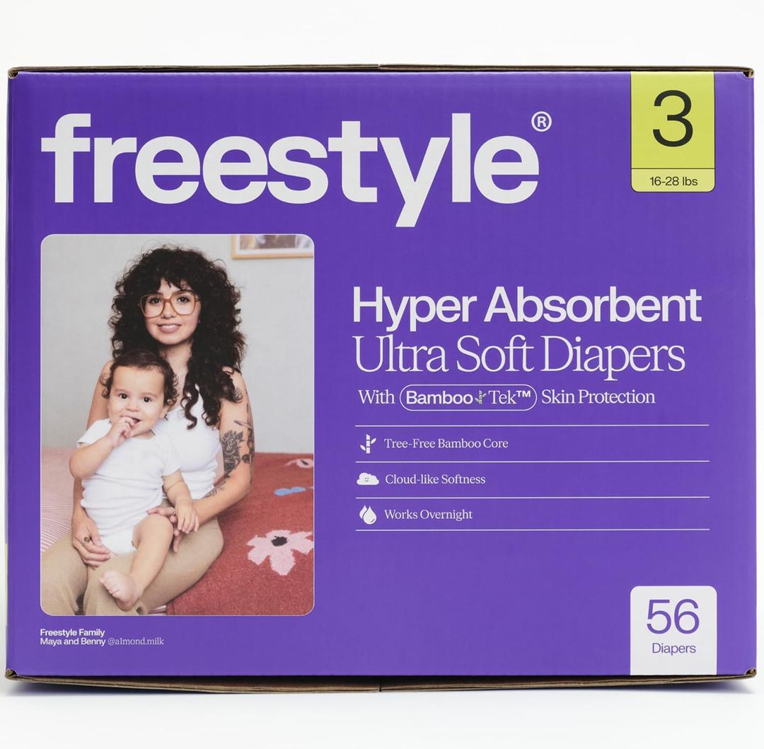 Freestyle BambooTek Diapers  (Size 3) Hyper Absorbent & Non-Toxic  Disposable Diapers for Sensitive Skin  Ultra Soft Diaper's (16-28 lbs)  56 Count