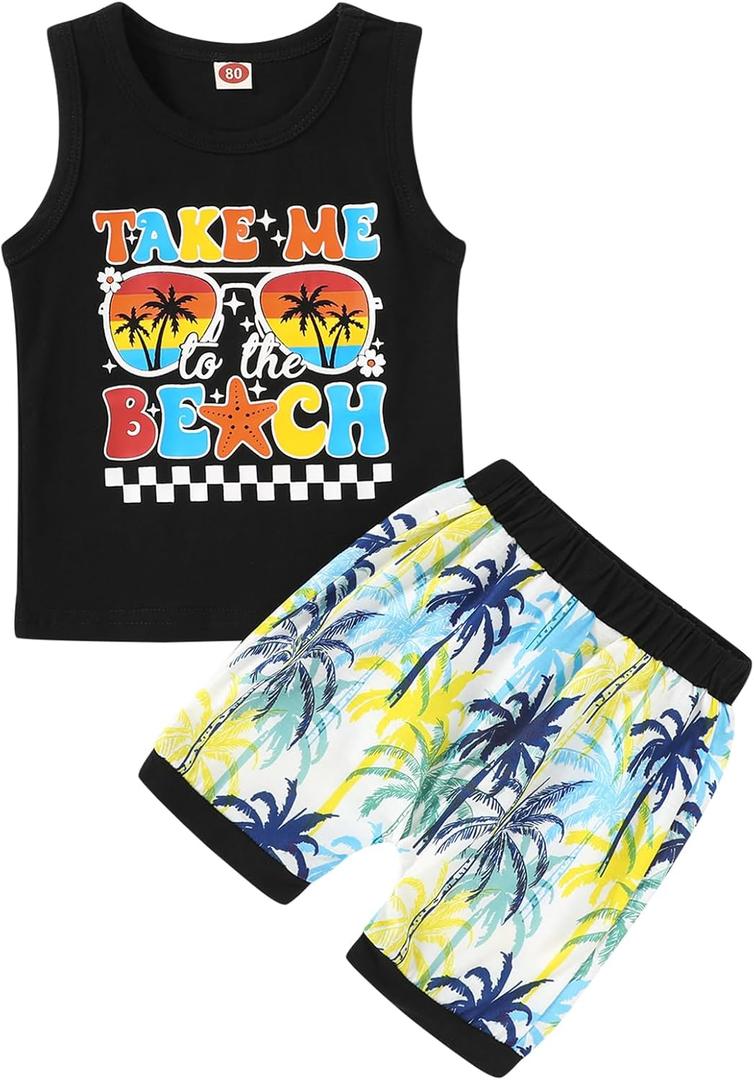 YOUNGER TREE Toddler Baby boy summer clothes Beaches Love Me Sleeveless Vest Tops+Shorts Kid Casual outfits (Black)