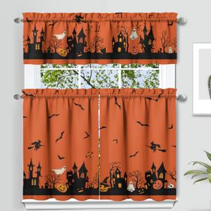 Halloween Curtains and Valances Set of 3, Orange Pumpkin Ghost Bat Decor, Horror Short Curtain Set for Kitchen and Bedroom Decor, 36 Inch