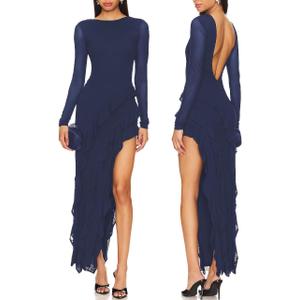 Women Long Sleeves Mesh Tassel Ruffle Maxi Dress With High Slit Party Dress | Asymmetrical Ruffle Hem Side Split Bodycon Dress Open Back Evening Gowns Prom Wedding Guest Date Night Cocktail Party Dress
