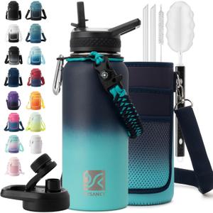 Insulated Water Bottle | Thickened Stainless Steel Vacuum Metal | Portable Sports Water Jug for Gym and Hiking with Straw, Carrier Bag, Handle Strap | BPA-Free 32 oz (Black-Cyan)
