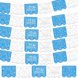 6 Pack 98.43 ft Baby Shower Papel Picado Mexican Banner Cielito Lindo Party Plastic Fiesta Banner Talavera Theme Decorations for Baby Shower Party Hanging(Blue and White)
