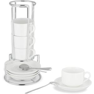 3 Ounce Espresso Cups Set of 4, Stackable Demitasse Mugs, Includes Display Stand, Cups Saucers, and Spoons, for Machines & Home Use, White Silver Tone