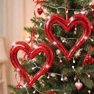 Kathfly 2 Pcs 10 Inch Valentine's Day Disco Heart Hanging Ornaments Large Glitter Red Heart Mirror Disco Ball Wreaths for Valentine Tree Wedding Anniversary Door Home Wall Window Decor