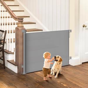 Retractable Baby Gate for Stairs, 55" Wide Mesh Dog Gate, Safe, Sturdy, Easy to Fit, 34'' Tall Baby Gate for Stairs, Doorways, Hallways, Deck, Indoor Outdoor, One-Hand Operation, Gray