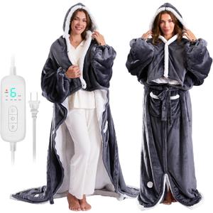 Wearable Heated Blanket Electric Snuggle Throw Blankets,Flannel&Sherpa Heating Blanket with Sleeves Foot Pocket (Gray)