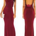 Aigeman Women Spaghetti Straps Mermaid Evening Gown Wedding Guest Dress Drape Neck Lace Backless Formal Maxi Dress 21 (Red, M)