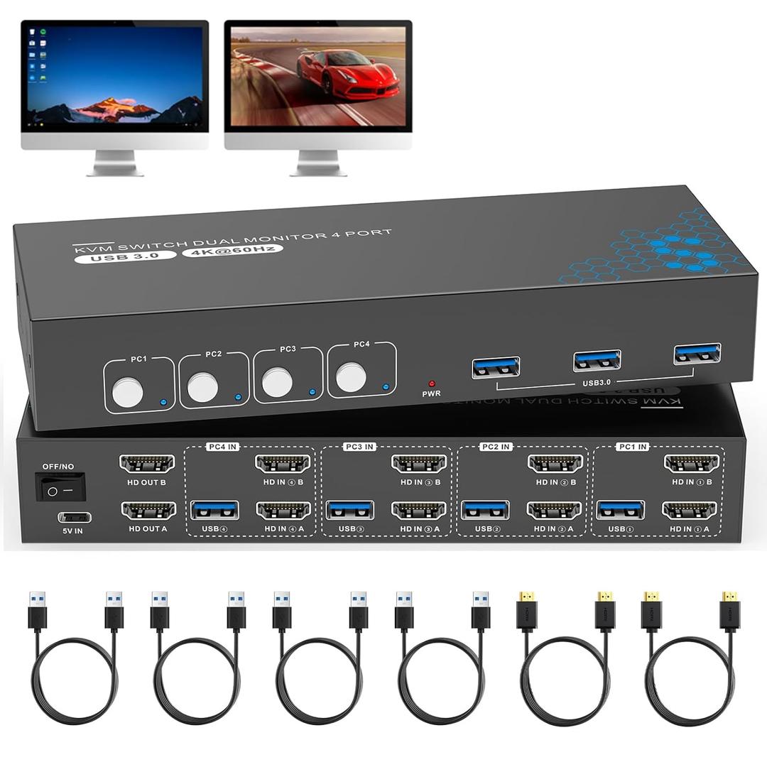 HDMI Dual Monitors KVM Switch 4 Computers 2 Monitors USB3.0 4K@60HZ for 3 Computers 4PC Laptops Share Keyboard & Mouse, EDID Supported