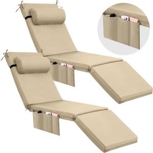 RattanView 2 Pcs Outdoor Chaise Lounge Cushion with Pillow and Side Pockets Waterproof Lounge Chair Cushions for Outdoor Furniture Patio Lounger Pad for Outside Pool Lawn (Beige,72 x 21 x 4)