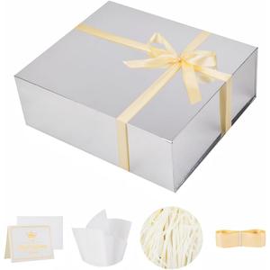 UoeRing 1 Extra Large Silver Gift Box 17x14.5x6 inch Luxury Gift Box for Presents with Magnetic Closure Lid Collapsible,Birthday,Christmas,Contains Card, Ribbon,Tissue Paper,Shredded Paper Filler (17x14.5x6 Inch-Silvery-Pack of 1)