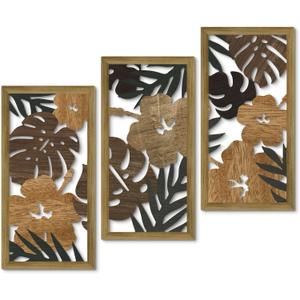 Putuo Decor Tropical Floral Wall Art, Set of 3 Plant Wall Decor, Rustic Monstera Leaves Nature-Inspired Aesthetic Boho Palm Leaf Wall Art for Living Room Bedroom Entryway (Auburn)