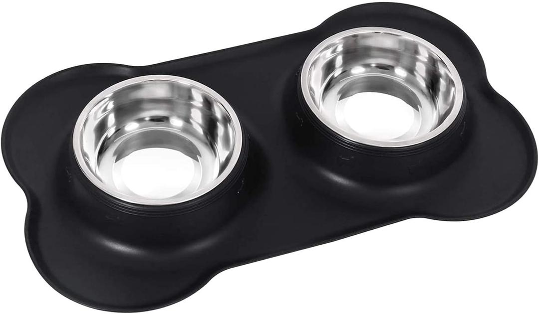 Dog Bowls Set Stainless Steel Double Dog Bowl with No-Spill No-Skid Silicone Mat, Pet Food and Water Bowls Feeder Bowls Puppy Bowl Dog Dishes for Small Medium Dogs Cats