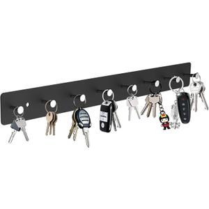 Metal Key Holder Wall Mount, Adhesive Black Car Keys Organizer Rack with 8 Hooks for Hallway