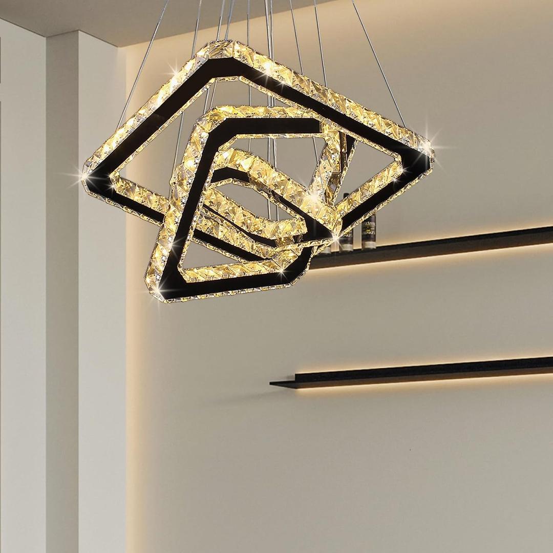 Modern Crystal Chandelier LED Ceiling Light, Square 3-Ring Height Adjustable 47W K9 Crystal Pendant for Dining Room, Living Room, Bedroom, Foyer, Warm White 3000K, 234