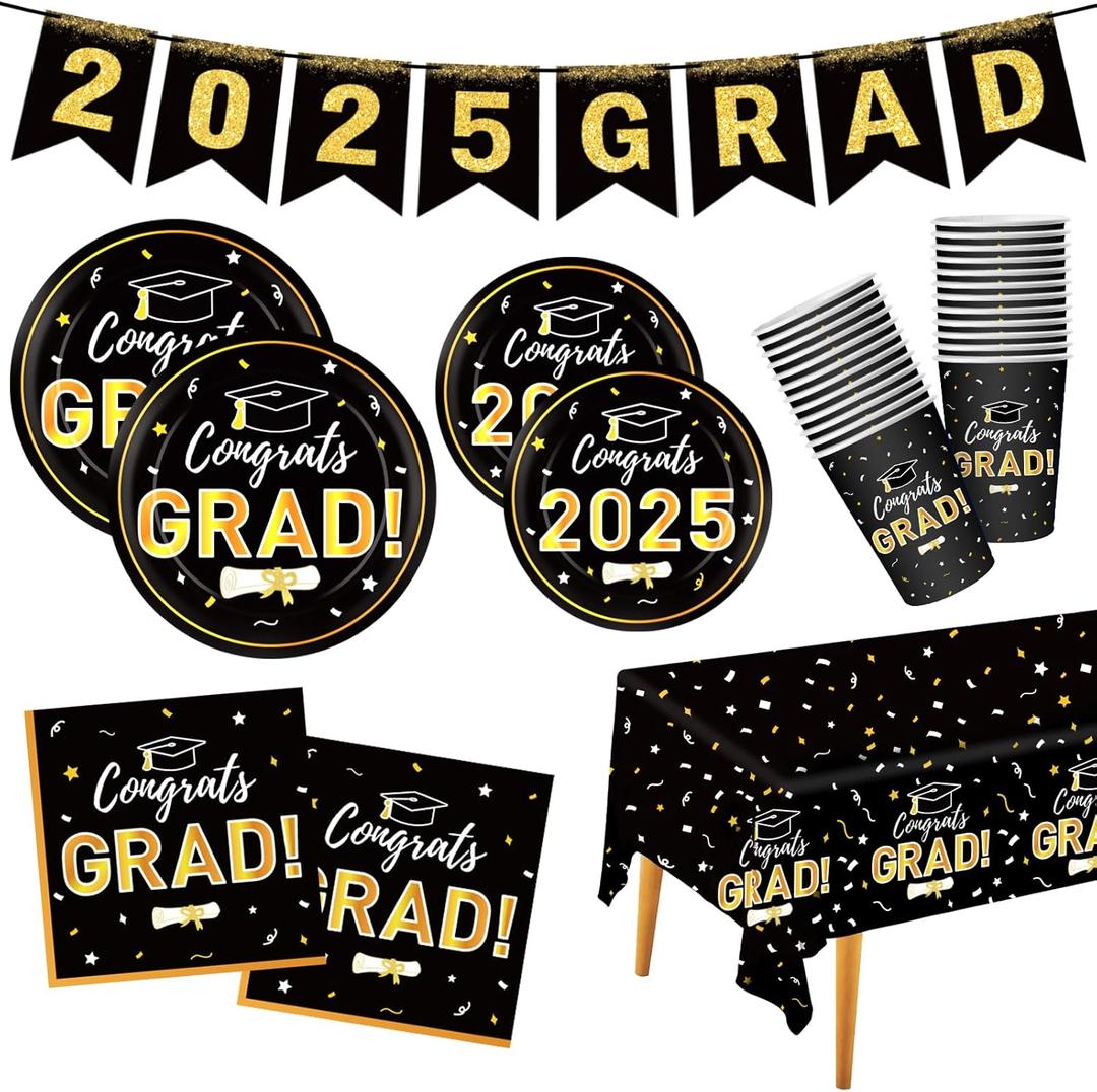 Graduation Decorations 2025 Disposable Black Graduation Tableware Kit for 25 Guests Plates Napkins Cups Tablecloth Hanging Graduation Party Decorations 2025