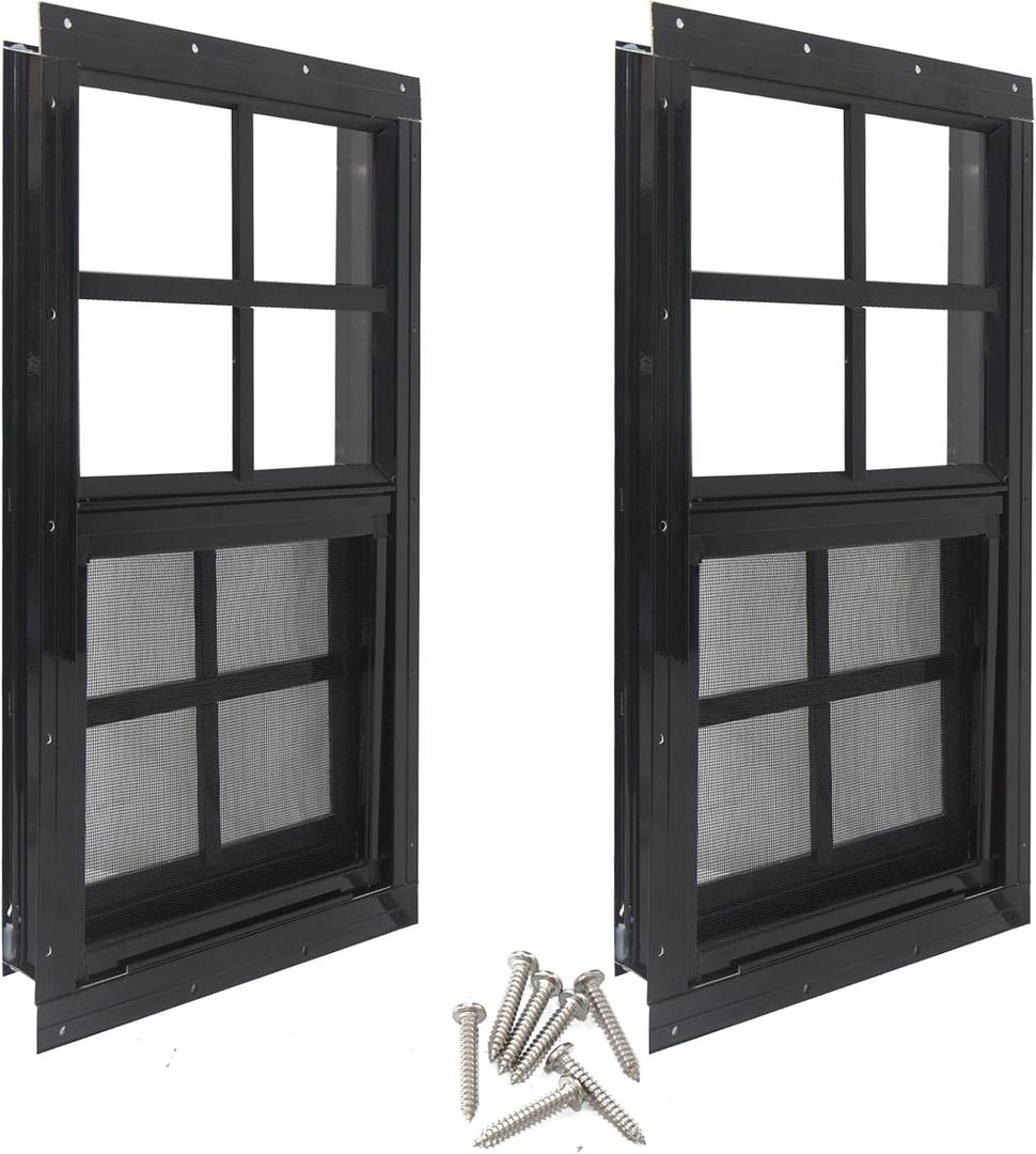 Yuzzy 12" x 18" Shed Windows with Tempered Glass and Fiberglass Screen, 2 Pack Small Sliding Windows for Shed, Chicken Coop, Playhouse, Household, Garage, Barns (Black)