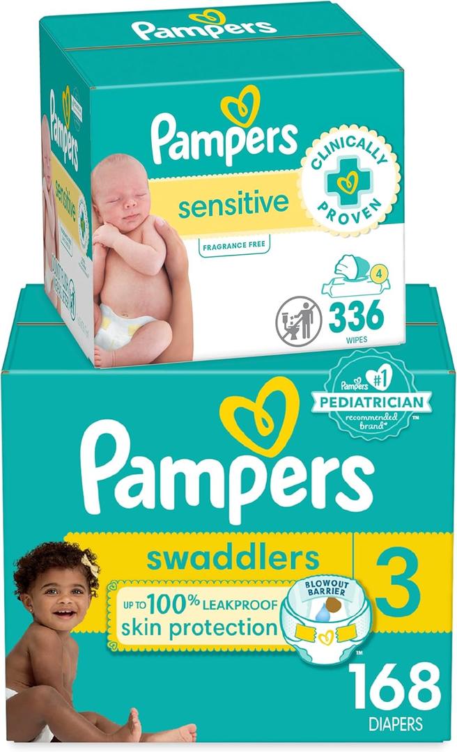 Diapers Size 3, 168 Count and Baby Wipes - Pampers Swaddlers Disposable Baby Diapers and Water Baby Wipes Sensitive Pop-Top Packs, 336 Count (Packaging May Vary) (504 Piece Set)