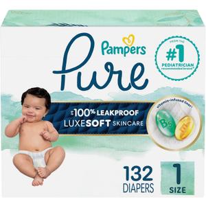 Pampers Pure Baby Diapers, Size 1 (8-14 lbs), 132, Up to 100% Leakproof, Premium Hypoallergenic Soft Diapers